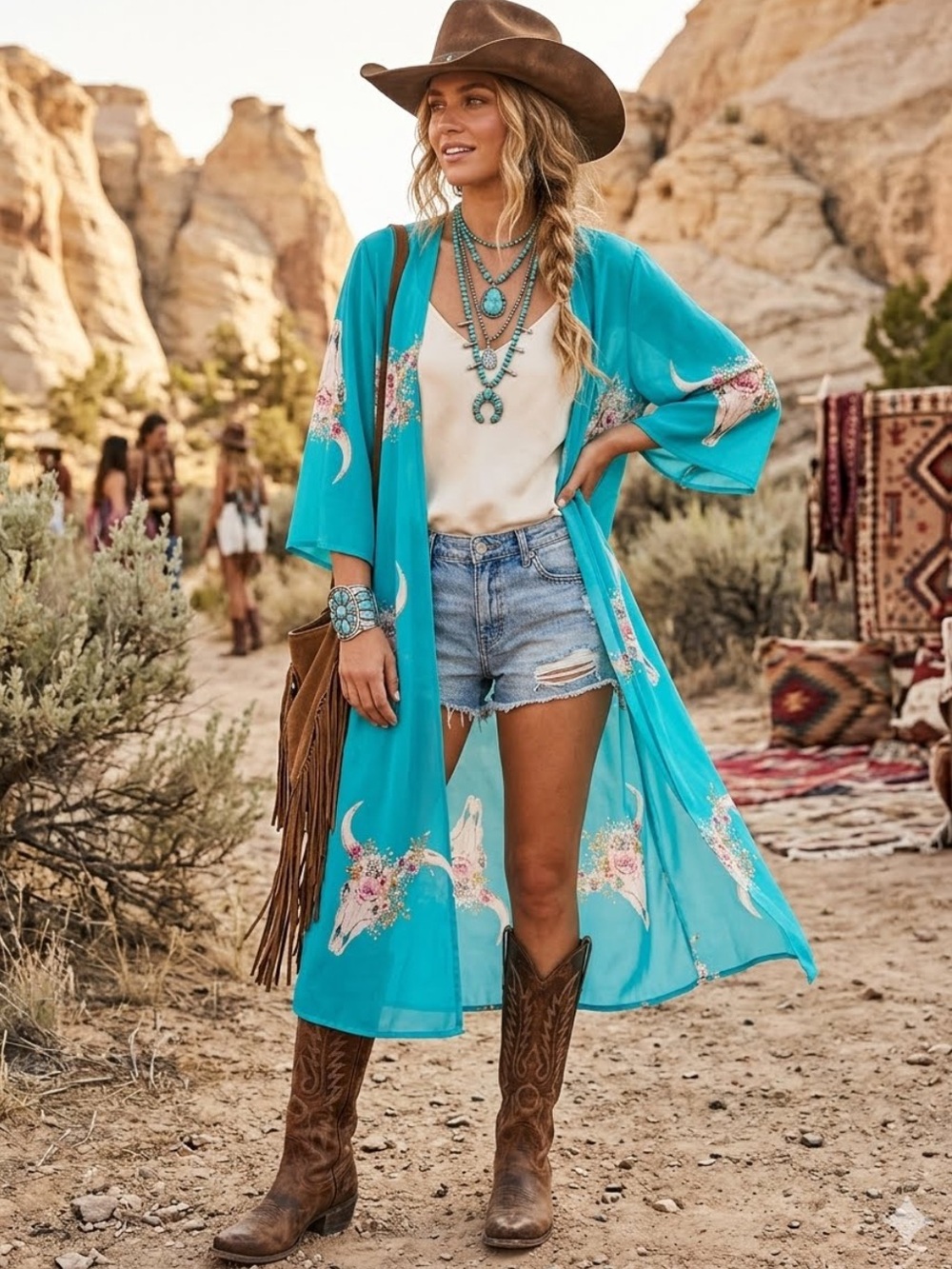 Western Kimono Duster Cardigan Cow Skull Open Front Southwester Boho Festival 1X